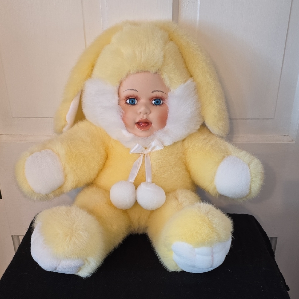 Yellow and White Plush Bunny DollVintage Porcelain Face Baby Doll Bunny Costume